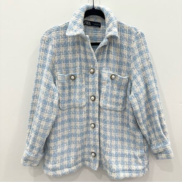 Zara Blue White Textured Houndstooth Plaid Pearl Jewel Button Overshirt Shacket - Picture 7 of 11